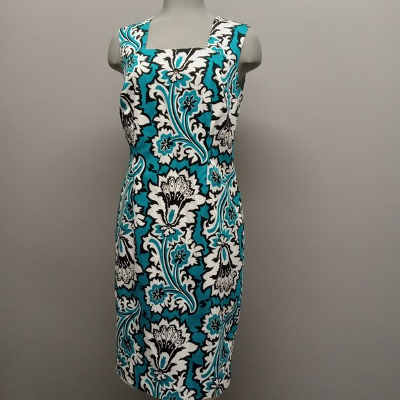 CLEO blue floral paisley print sleeveless cocktail party midi wiggle dress sz 10 - Picture 1 of 3